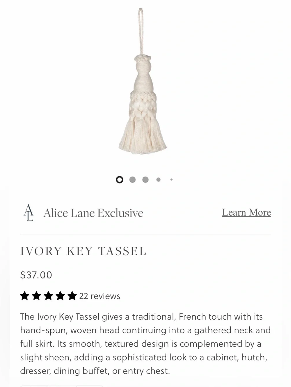 Alice Lane Home Ivory Key Tassel NWOT
